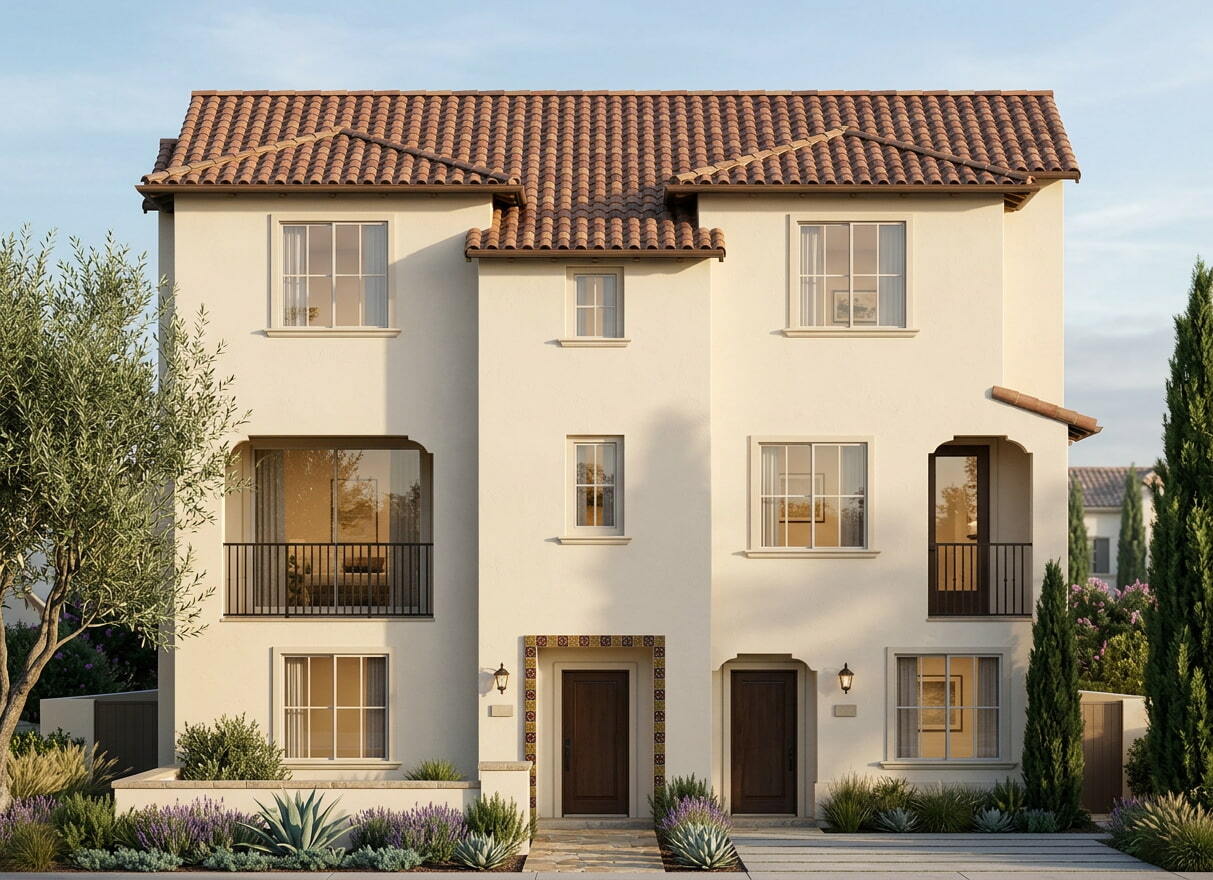 Villa Duplex — Front Elevation, Spanish Mission Style