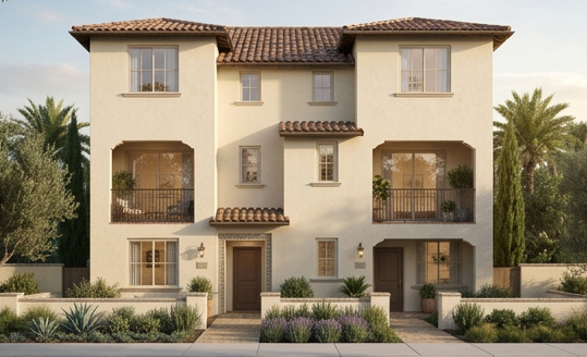 Villa home front elevation — Spanish Mission architecture with balconies and teal doors