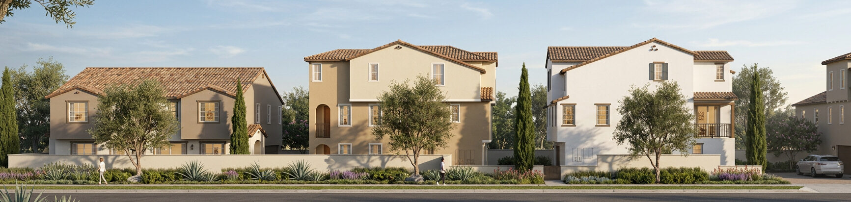 Hamilton neighborhood street scene — full building elevation showing Hacienda, Villa, and Casita home types